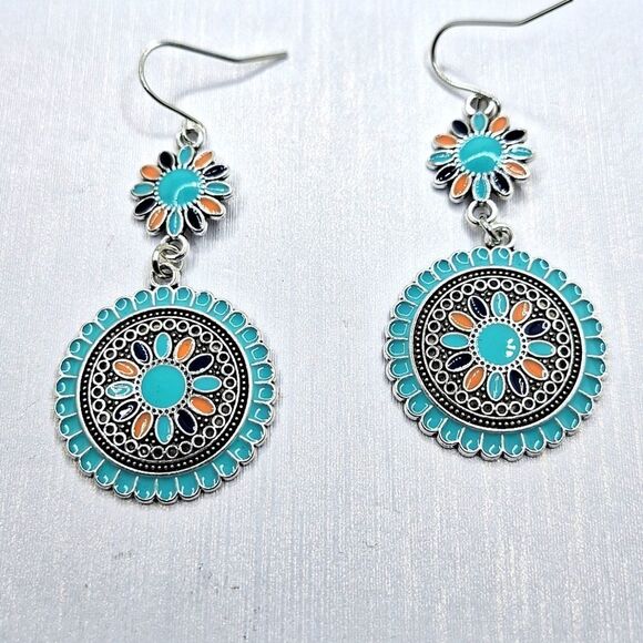 Bohemian turquoise colorful multicolor mandala earrings - Picture 1 of 5